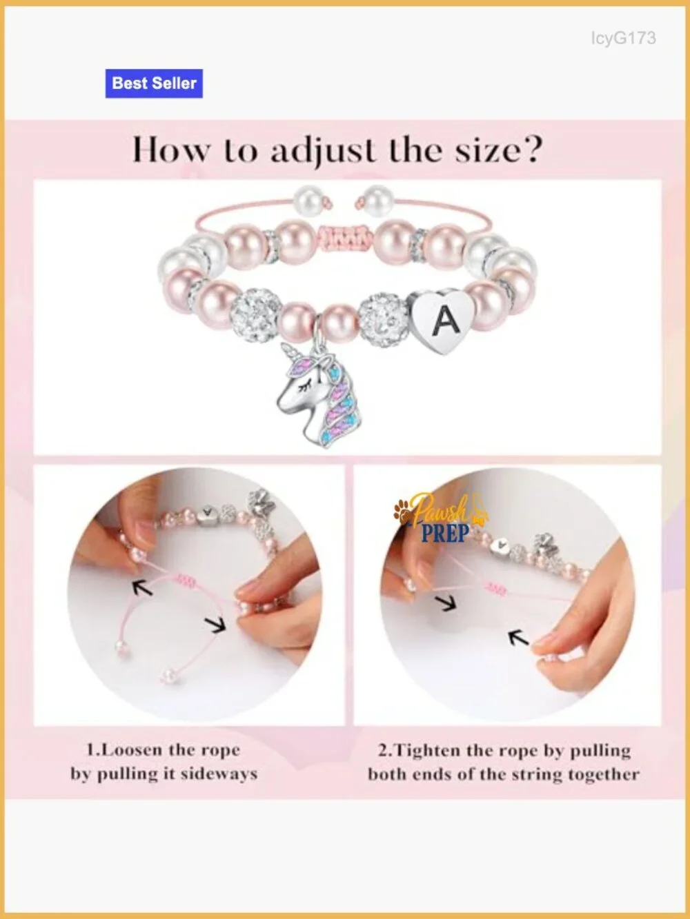 Adjustable Unicorn Charm Bracelet with Heart Initial, Pearl Accents, Kids